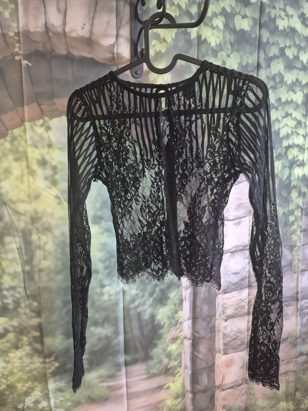 Black Light Sheer Lace Long-Sleeve Crop Top